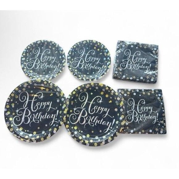 Happy Birthday Black Gold Silver 32 Plates & 32 Napkins 9" & 7" Sizes - Picture 1 of 5